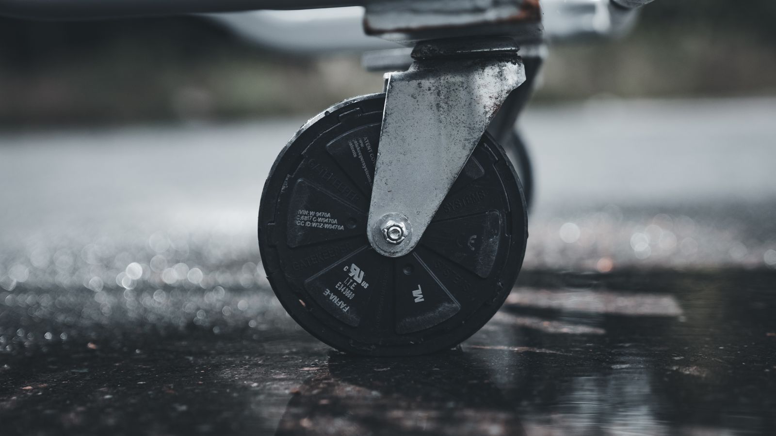 Close-up of a caster wheel used for a mobile desk build