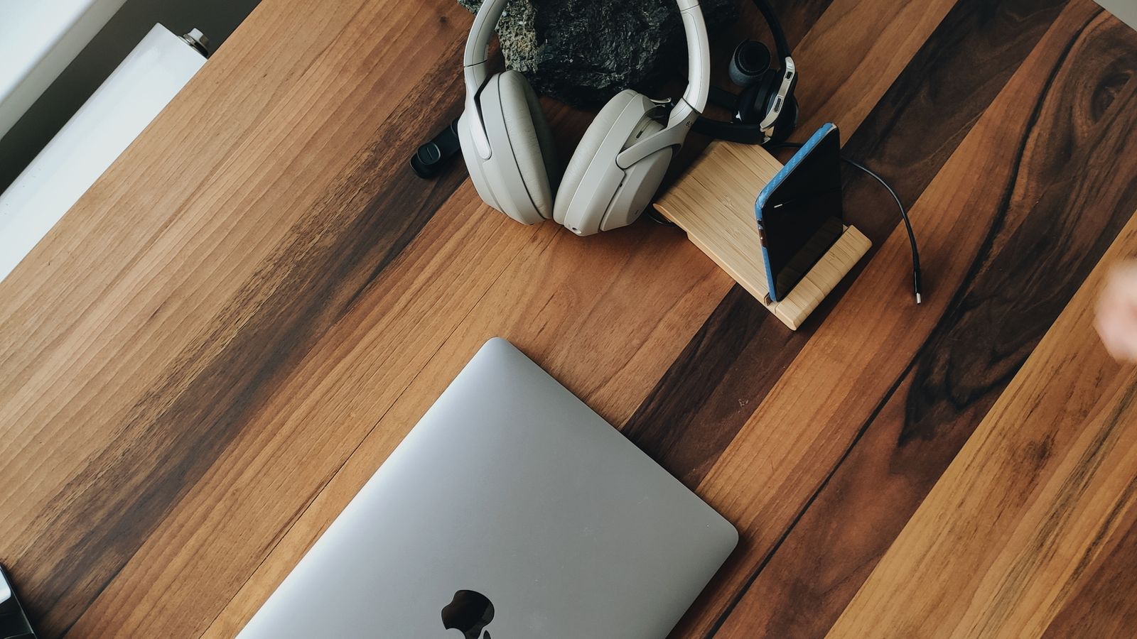 Close-up of edge grain wood strips in a butcher block desk surface