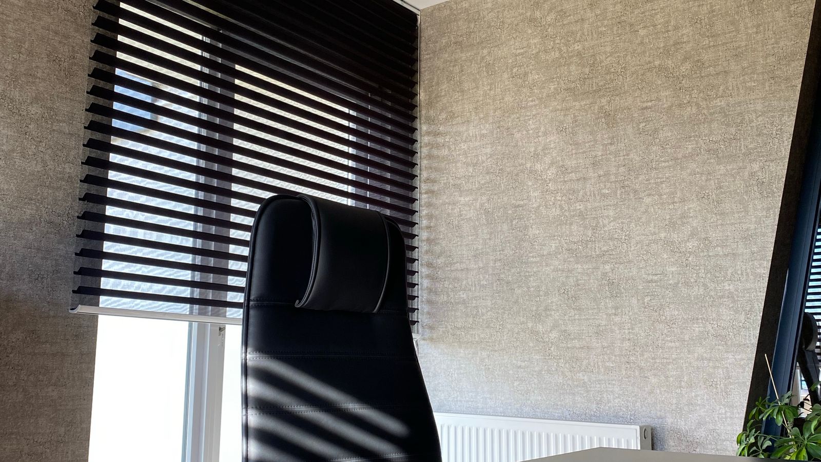 Close-up of horizontal blackout blinds mounted on an office window
