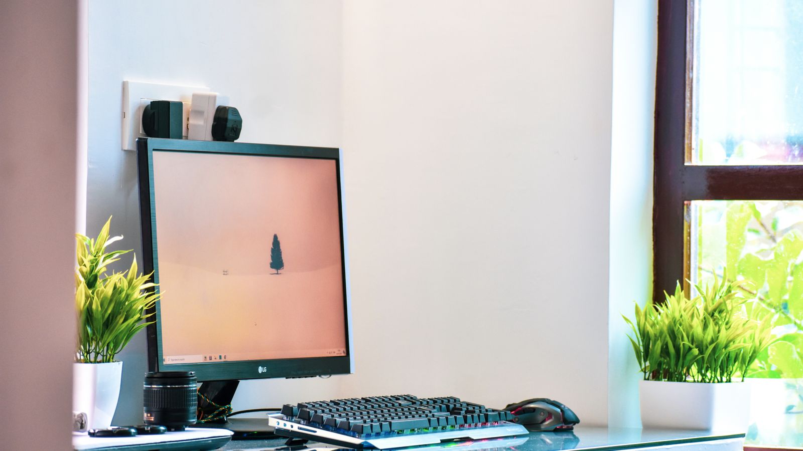 Home office corner desk with drawer storage and organized cables