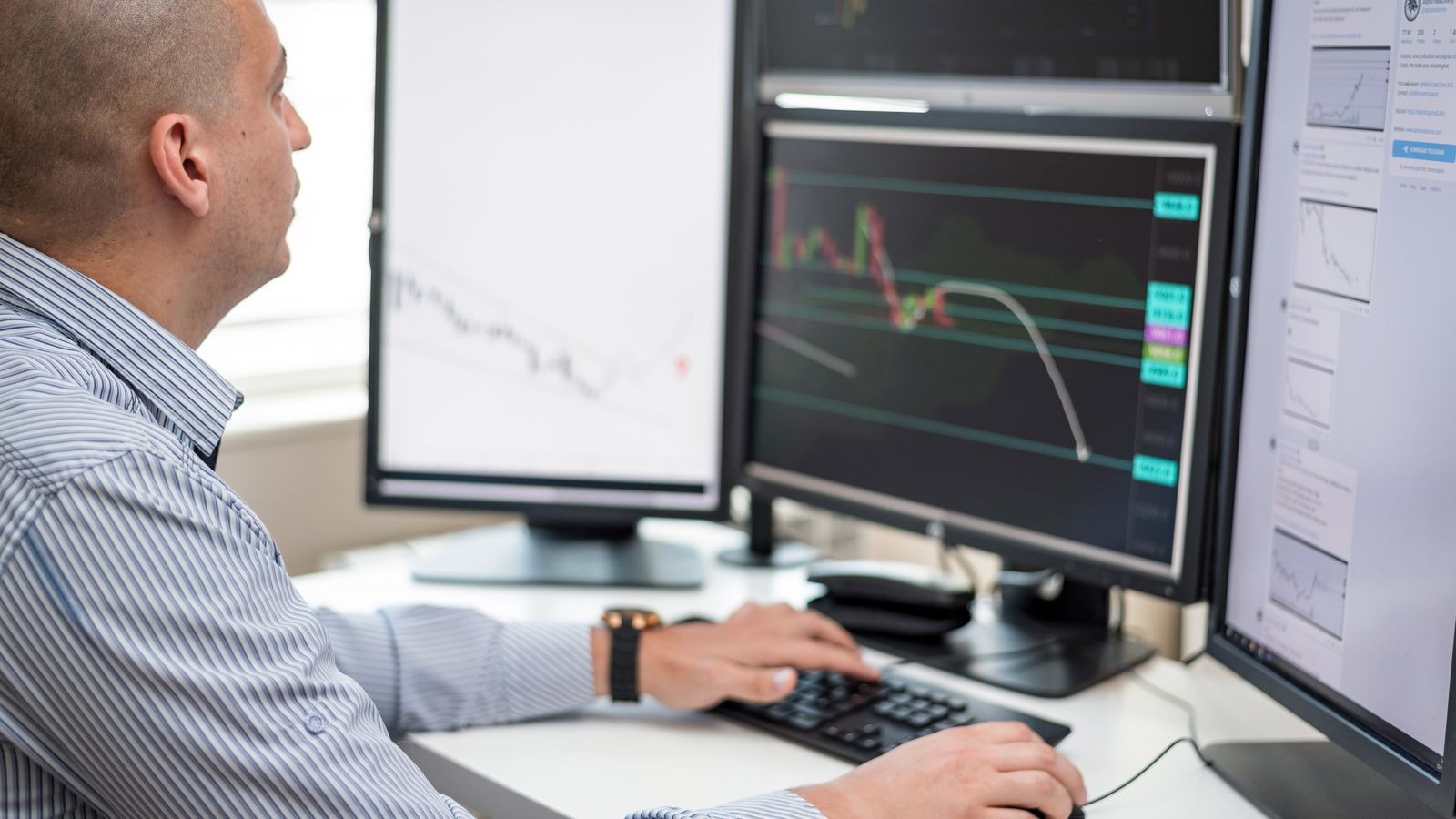 Multi-monitor trading desk setup with several screens displaying market data