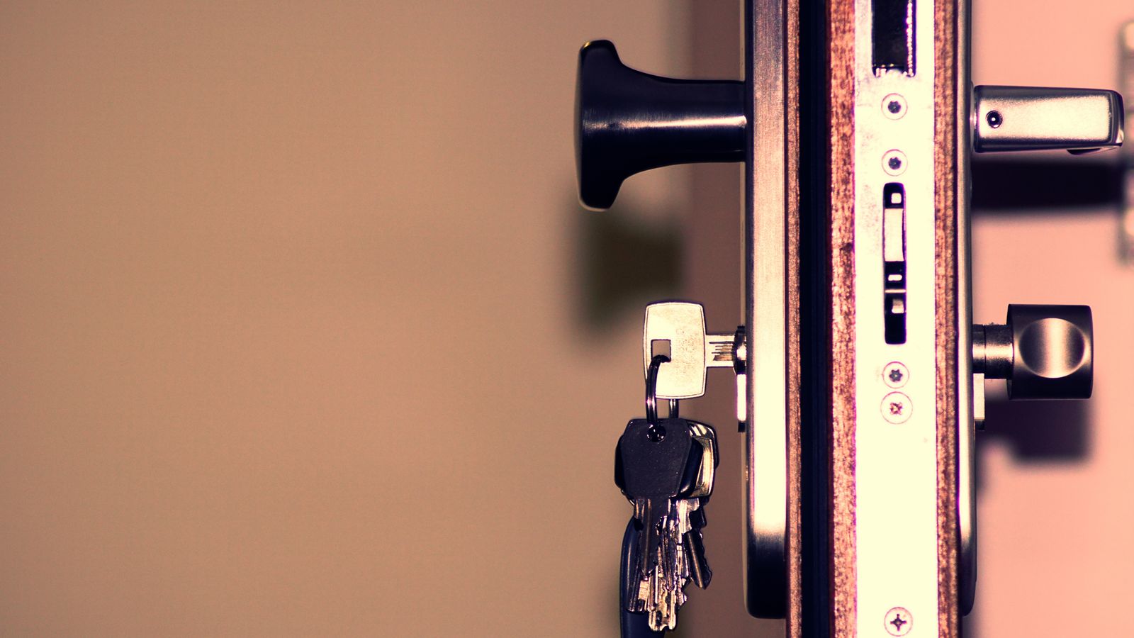 Deadbolt lock mechanism installed on a wooden front door