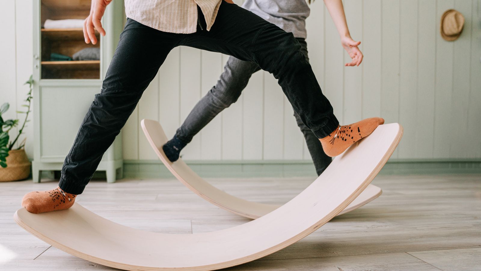 Close-up of a standing desk balance board with textured non-slip surface